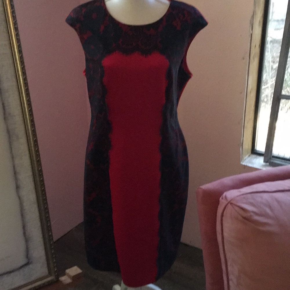 Red dress with blue lace accent. Size 12